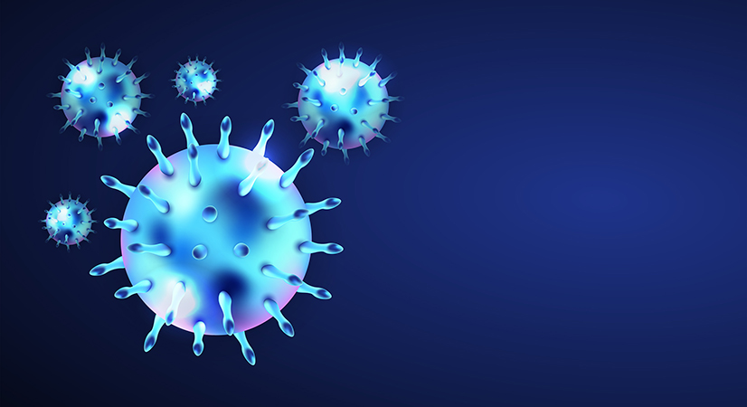 An illustration of multiple virus particles against a dark background, representing the coronavirus.