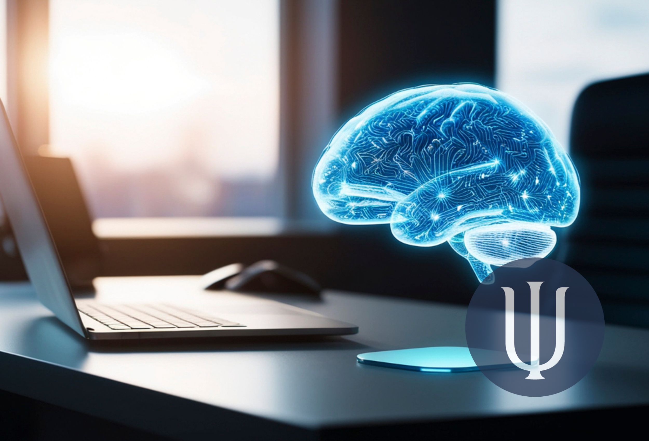 Desk of CEO with phantom AI coded brain floating above indicating influence of AI technology along with a psi for psychology symbol.
