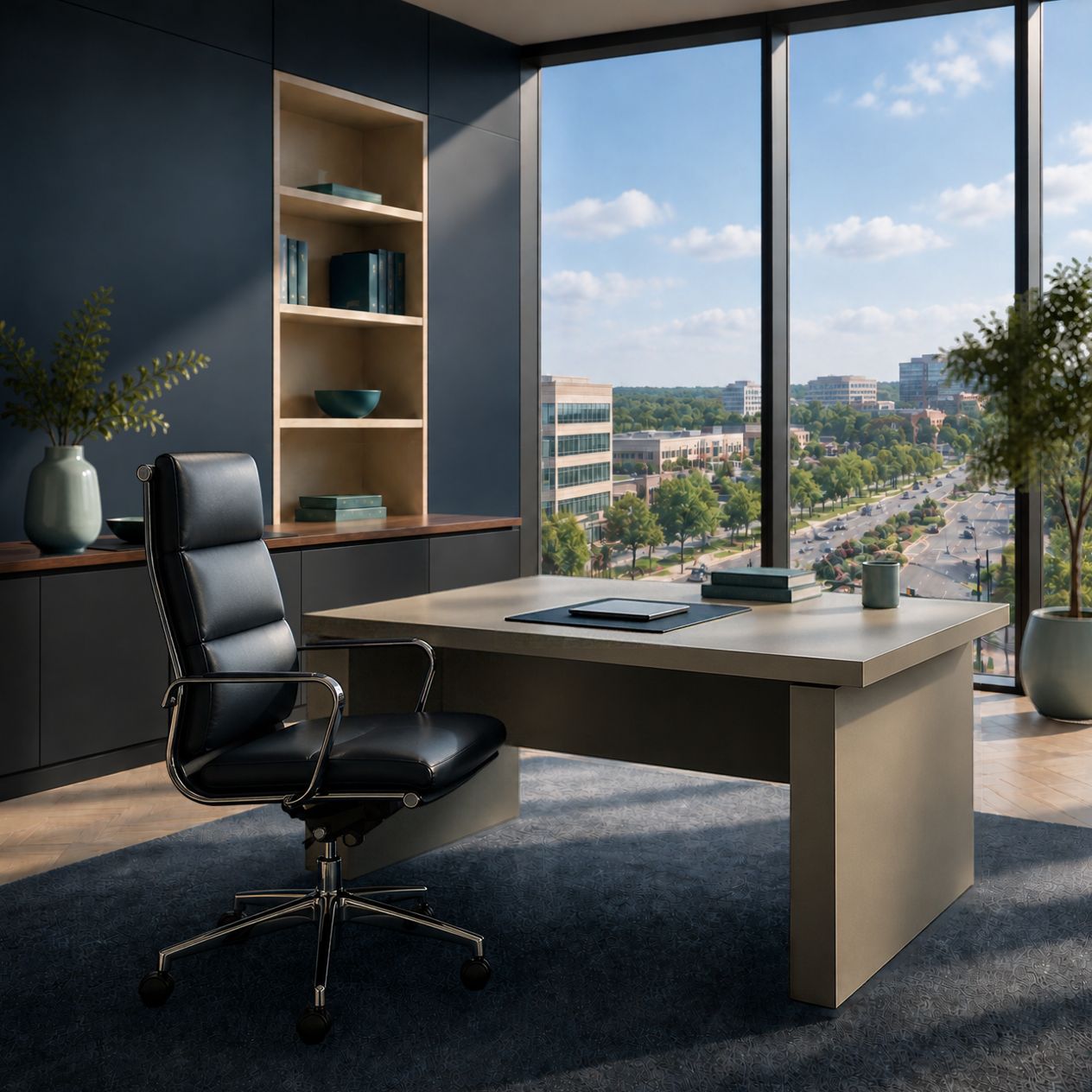 Empty CEO office overlooking downtown Rockville Maryland